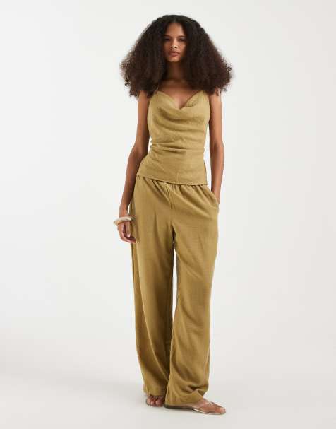 Vero Moda - Broek met linnenlook, hoge taille en wijde pijpen in groen, deel van co-ord set - view 1