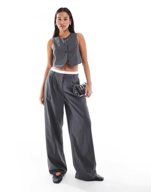 Vero Moda - Broek met wijde pijpen en boxer-detail in gemêleerd donkergrijs, deel van co-ord set