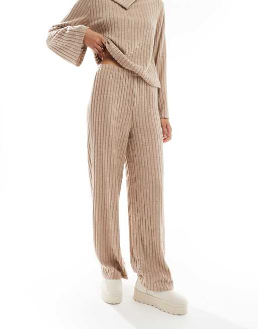 Vero Moda - Broek van co-ord set van geribbelde jersey met wijde pijpen in beige, 2 van 5