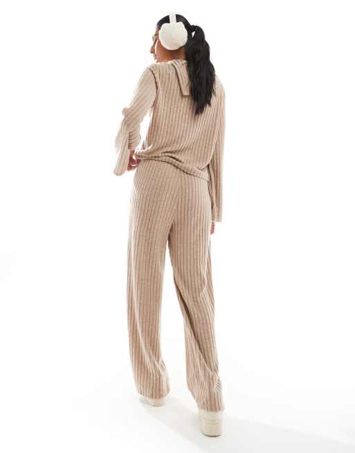 Vero Moda - Broek van co-ord set van geribbelde jersey met wijde pijpen in beige, 3 van 5