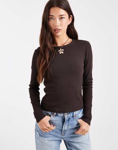 Vero Moda – Brun, ribbad topp i baby-design med långa ärmar - view 1