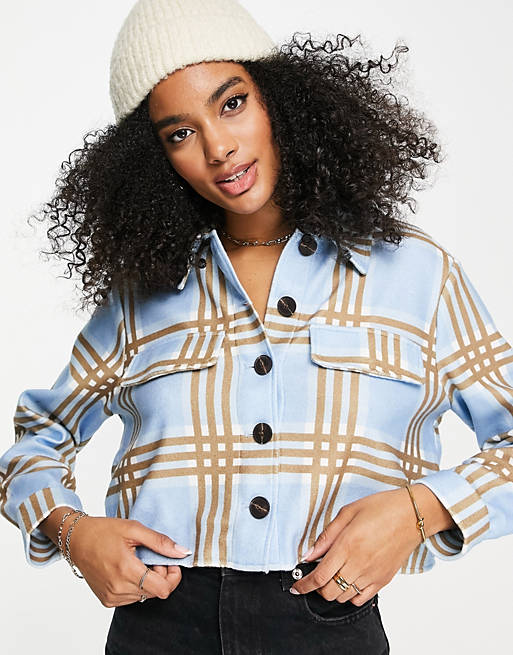 Vero Moda brushed shacket in blue with brown check