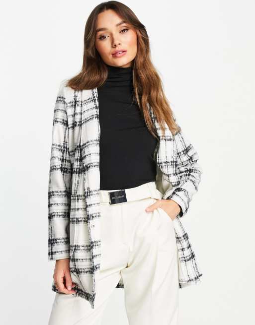 Vero Moda brushed straight coat in white with black check