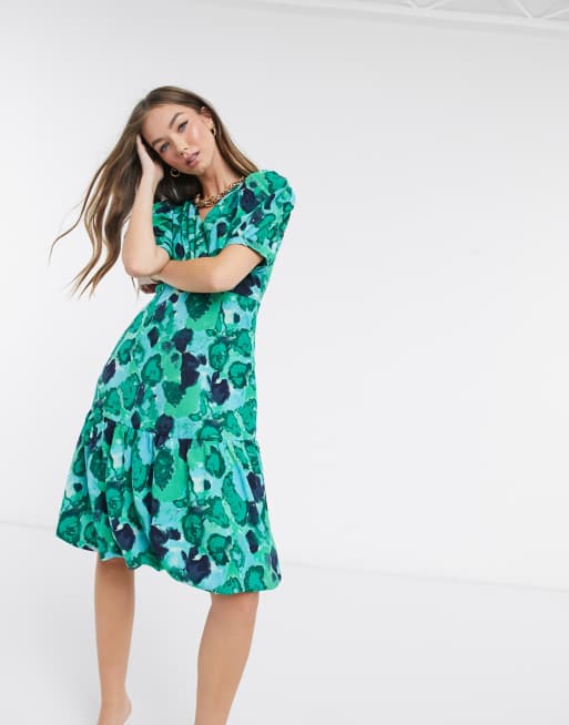 Vero Moda bubble hem midi dress in green floral ASOS