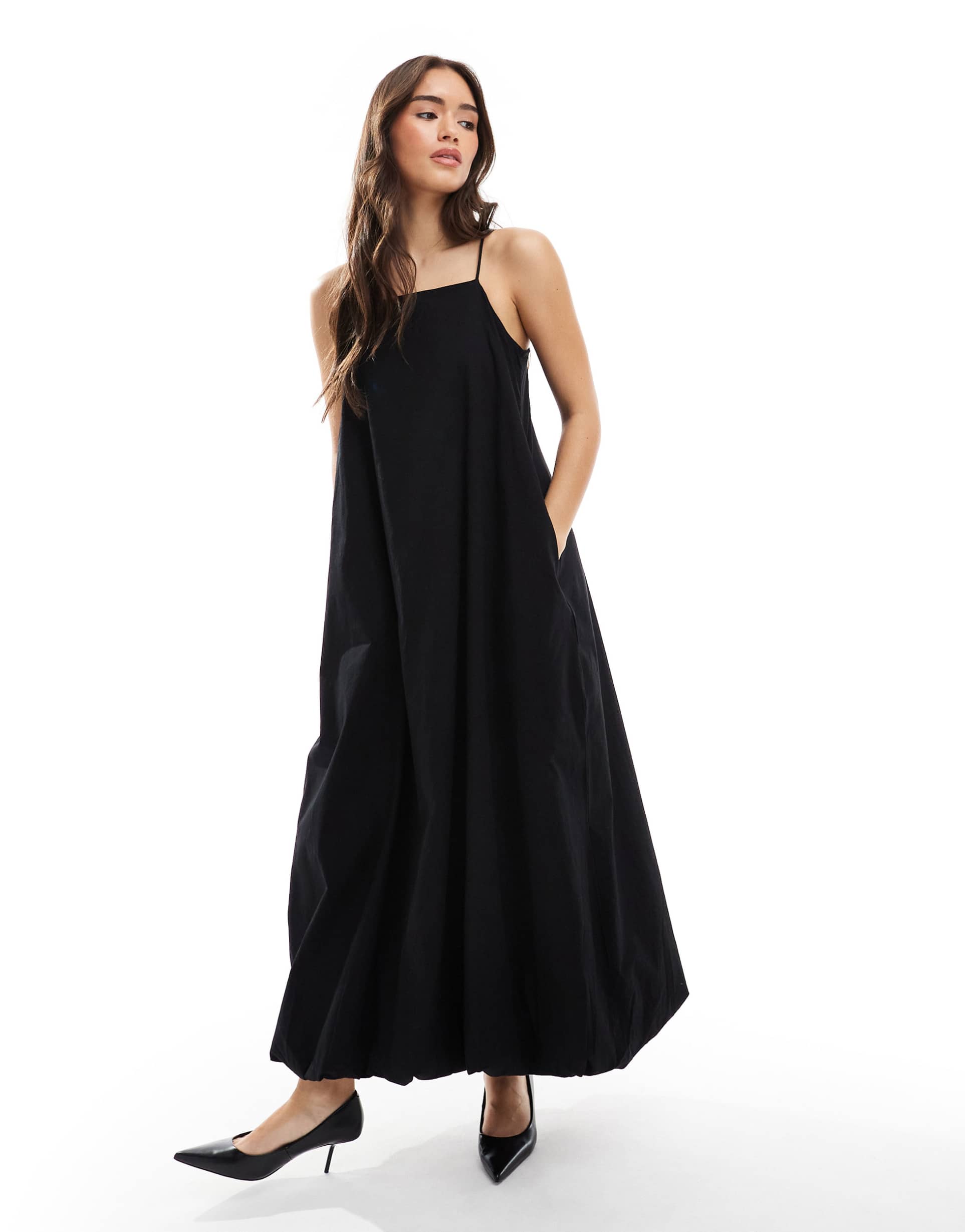 vero moda bubble hem poplin maxi cami dress in black