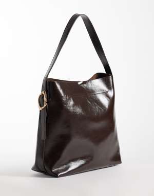 Vero Moda bucket shoulder bag with gold hardware in brown