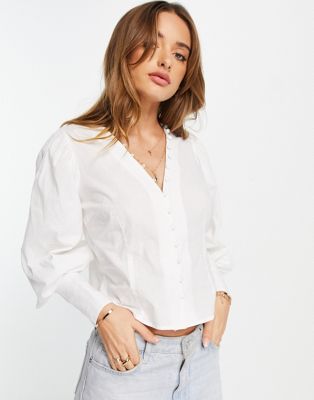 Vero Moda button detail puff sleeve blouse in white