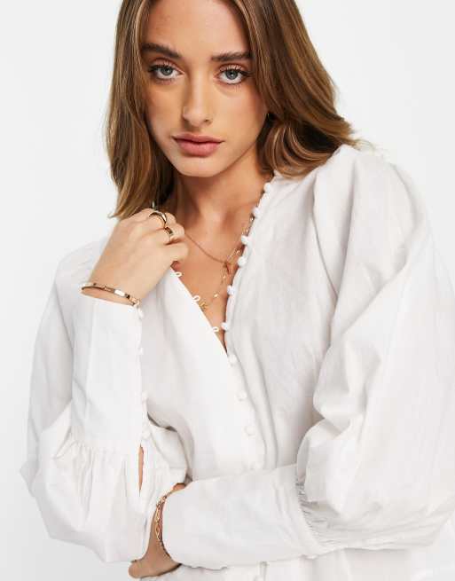 White Embroidery Puffed Sleeve Blouse & Reviews - White