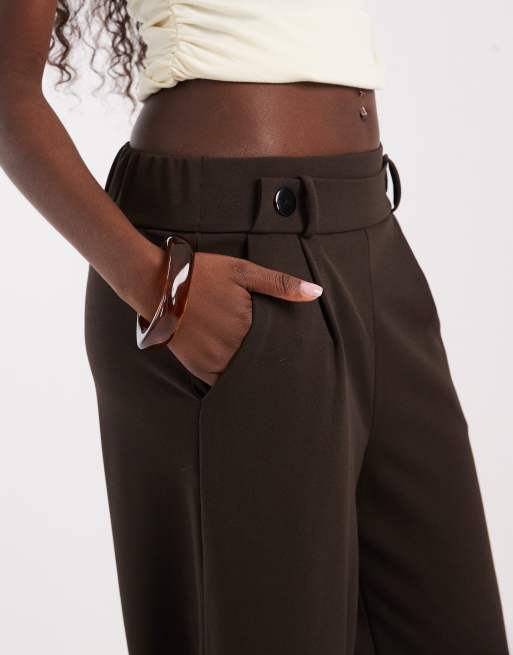 Vero Moda button detail wide leg trousers in chocolate brown, 4 of 5