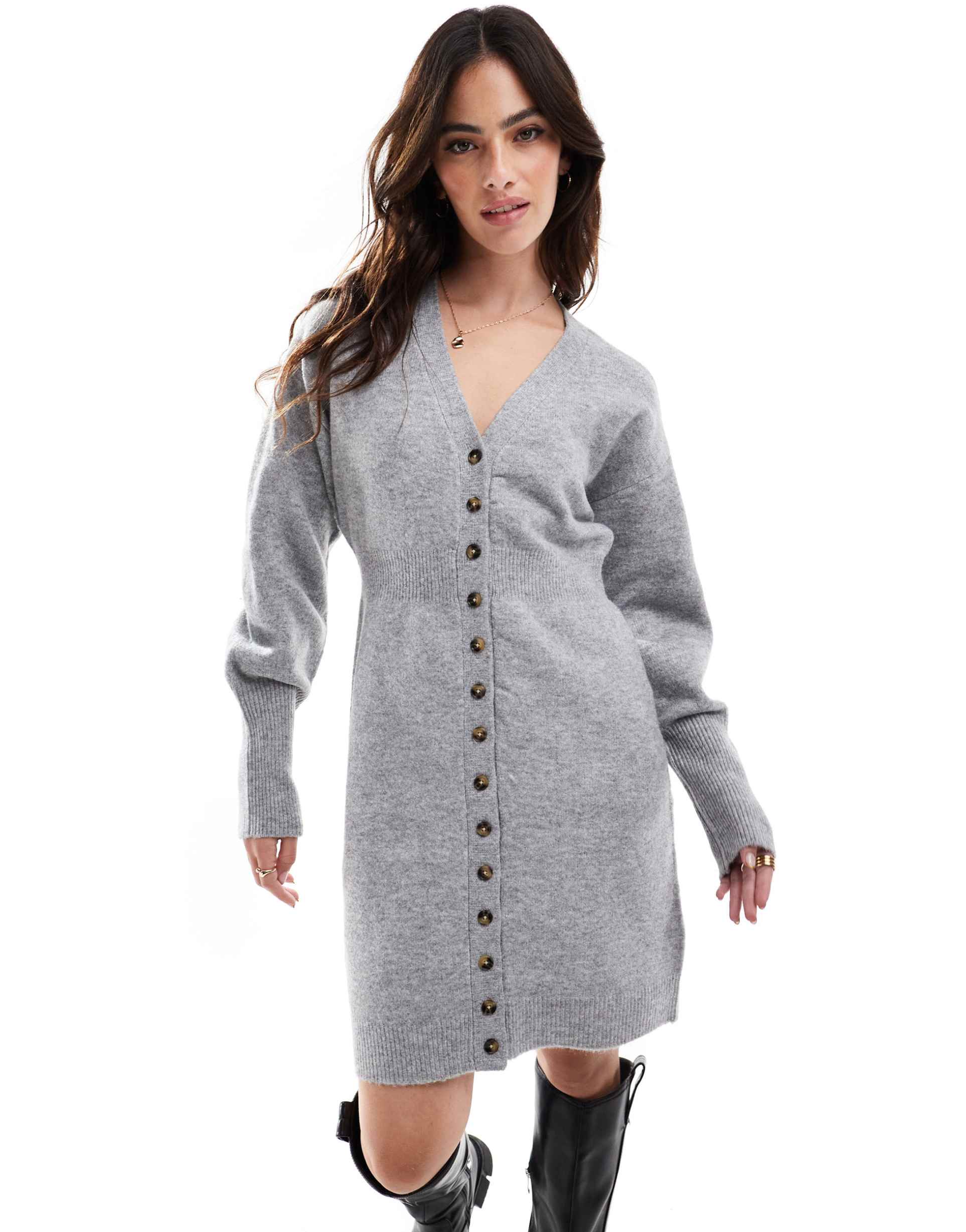 vero moda button down knit mini dress in light gray melange