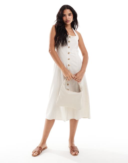 Vero Moda Button Down Linen Mix Halter Midi Dress in cream White