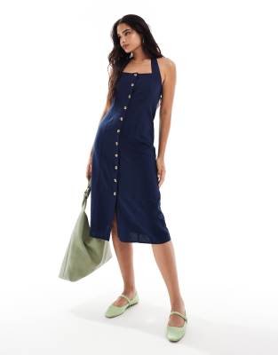 button down linen mix halter midi dress in navy