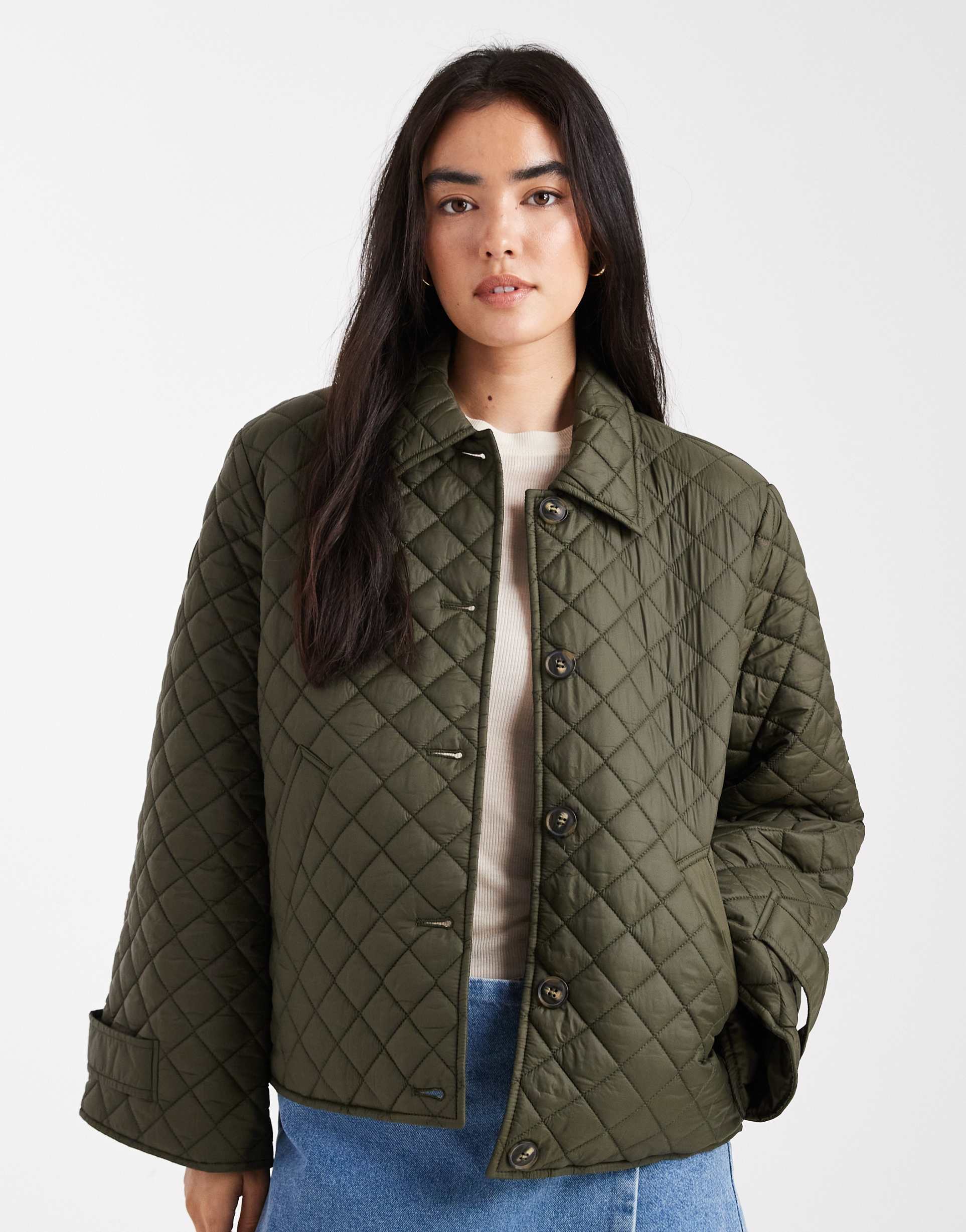 vero moda button down quilted jacket in deep khaki
