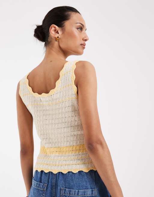 Vero Moda button front contrast stitch crochet vest in cream and yellow, 4 of 4