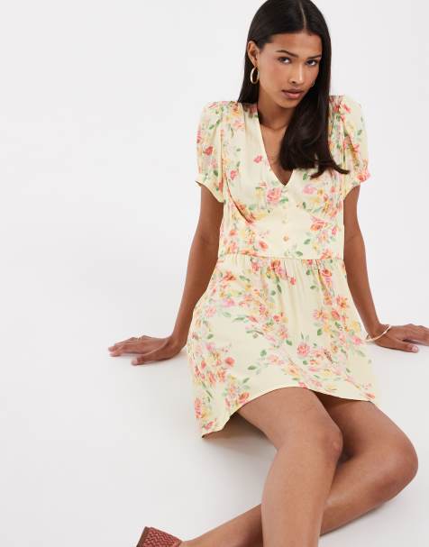 Vero Moda button front detail tea style mini dress in yellow based floral print - view 1