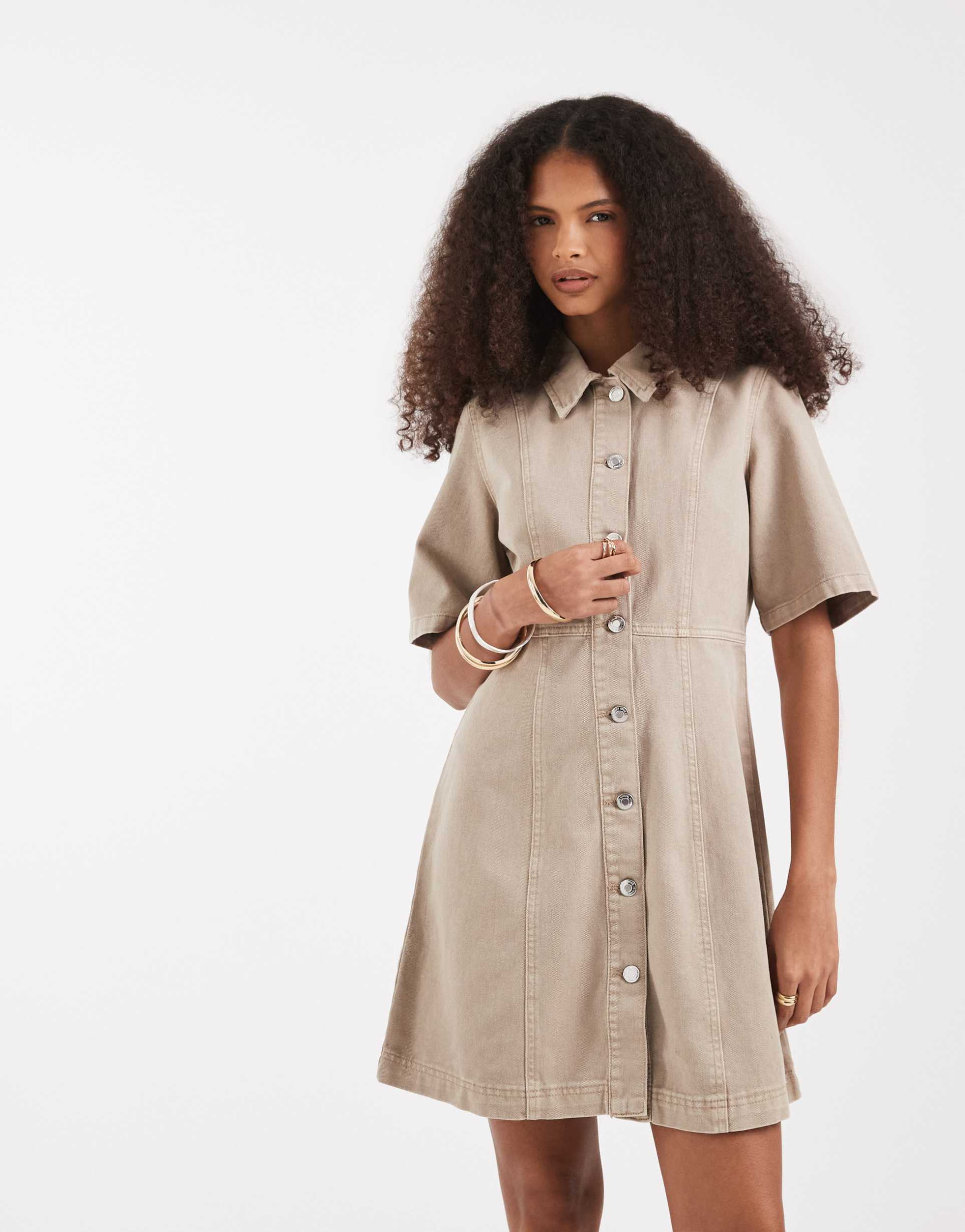 vero moda button front fit and flare denim mini dress in beige wash