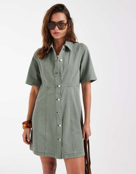 Vero Moda button front fit and flare denim mini dress in laurel green wash - view 1