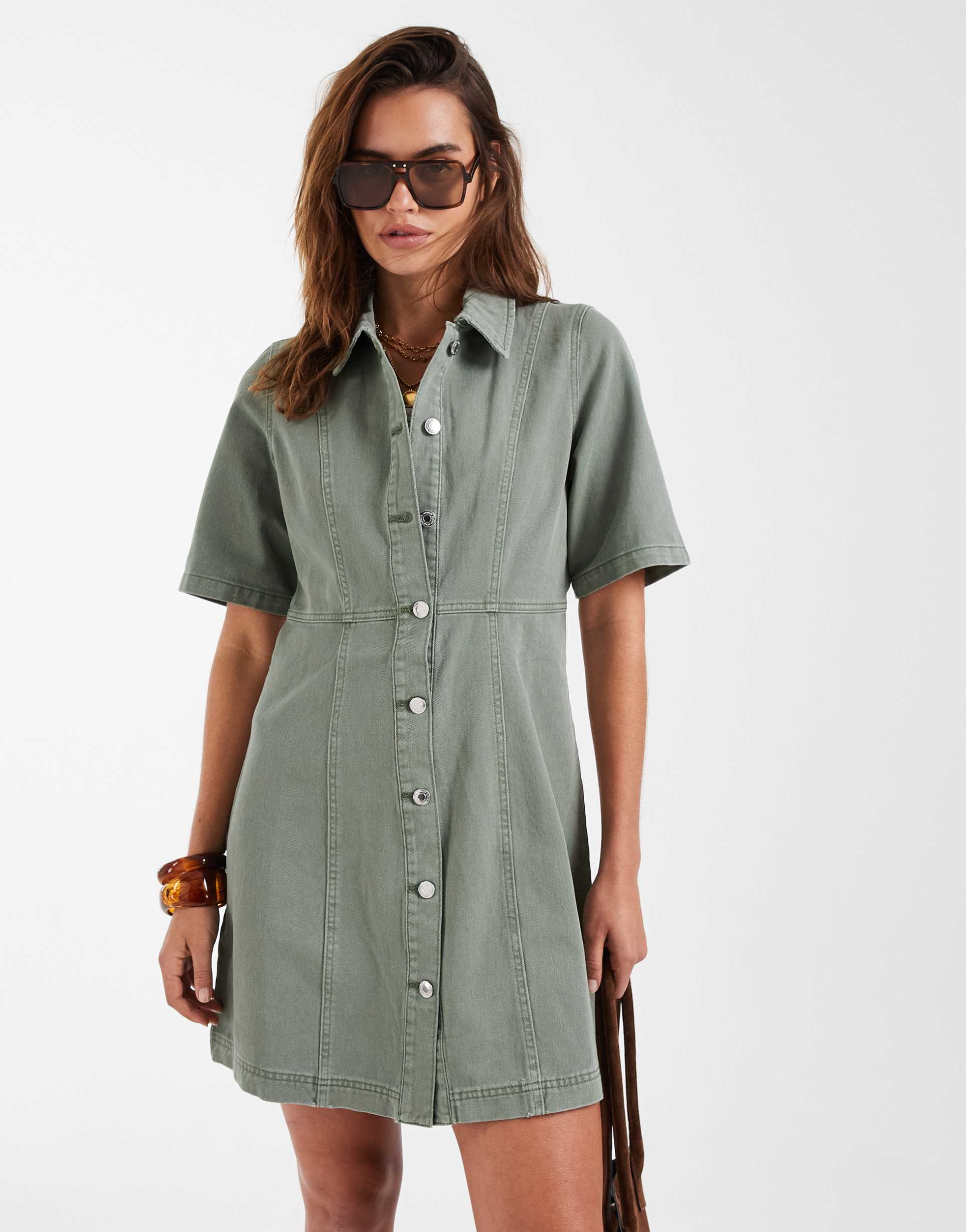 vero moda button front fit and flare denim mini dress in laurel green wash