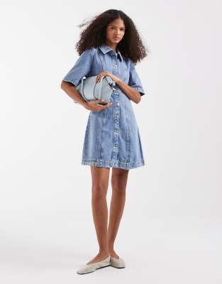 Vero Moda button front fit and flare denim mini dress in light blue wash