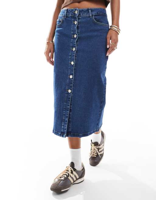 Vero Moda button front midi denim skirt in dark blue wash, 2 of 5
