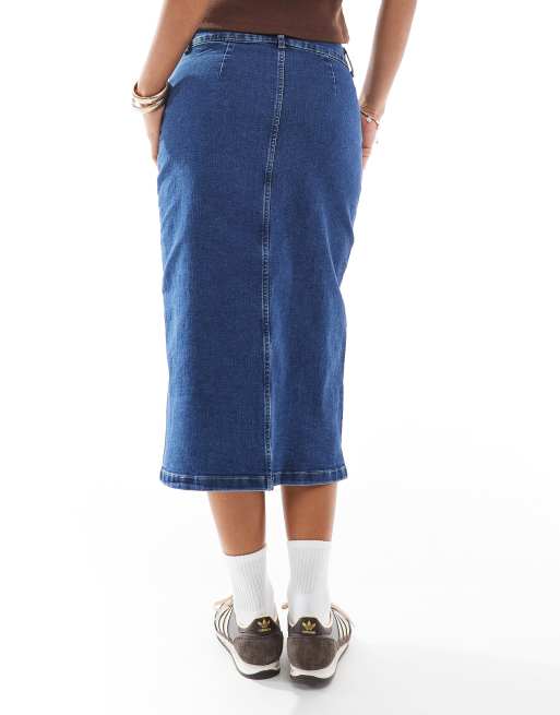Vero Moda button front midi denim skirt in dark blue wash, 3 of 5