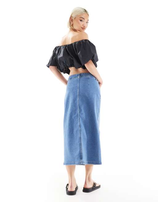 Vero Moda button front midi denim skirt in light blue wash, 4 of 5