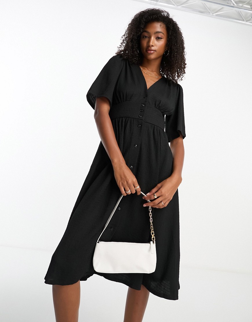 Vero Moda Button Front Midi Dress With Flutter Sleeves In Black
