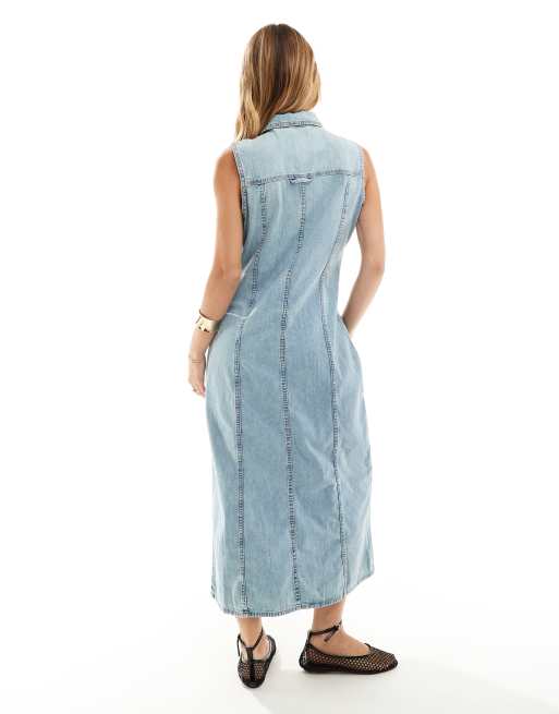 Vero Moda button front sleeveless maxi dress in vintage denim blue, 4 of 4