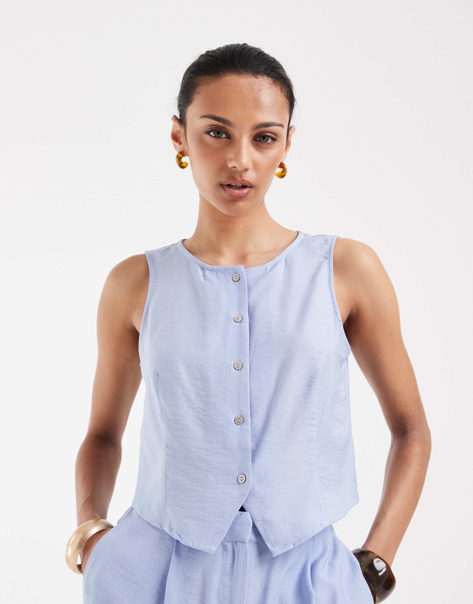 vero moda button front sleeveless top in brunnera blue - part of a set