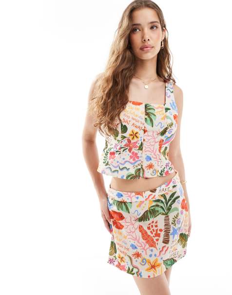 Vero Moda button front square neck top co-ord in conversational tropical print - view 1