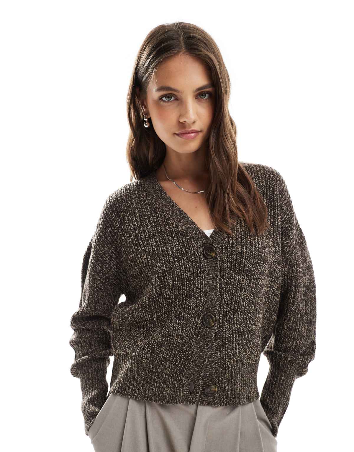 Vero Moda button through chunky rib cardigan chocolate melange