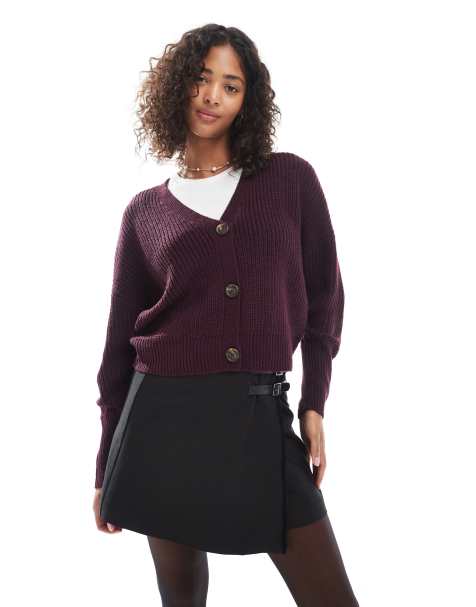 Vero Moda button through chunky rib cardigan in burgundy - view 1