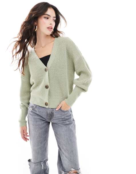 Vero Moda button through chunky rib cardigan in sage green - view 1