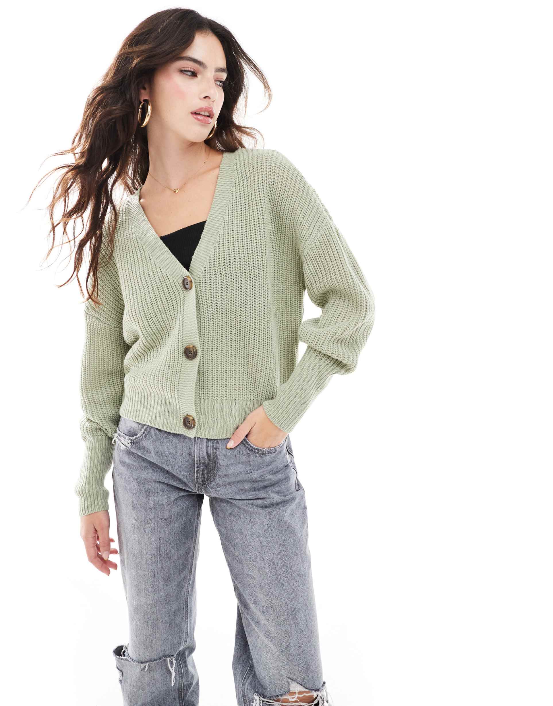 vero moda button through chunky rib cardigan in sage green