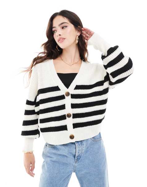 Vero Moda button through chunky rib cardigan in white and black stripe - view 1