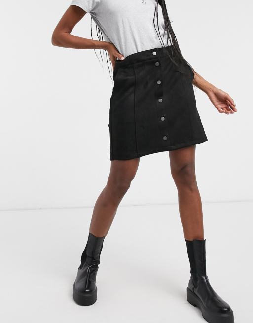 Vero Moda button through faux suede skirt in black