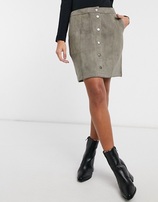 Vero Moda button through faux suede skirt in brown