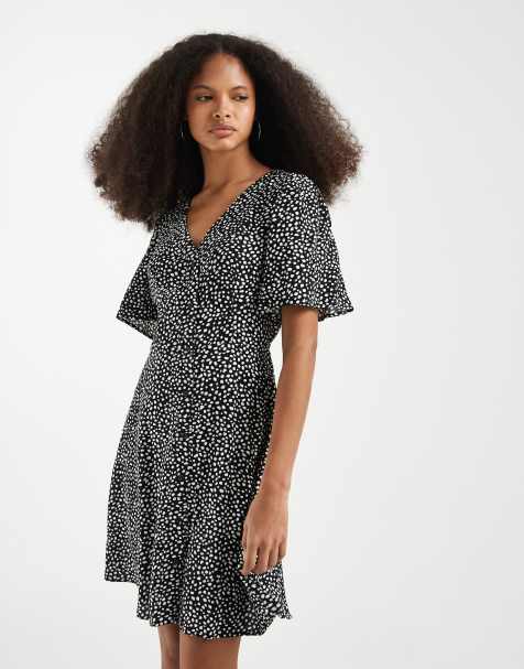 Vero Moda button through mini skater dress in black spot - view 1