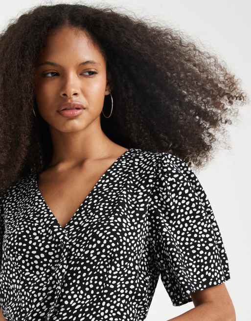 Vero Moda button through mini skater dress in black spot, 3 of 4