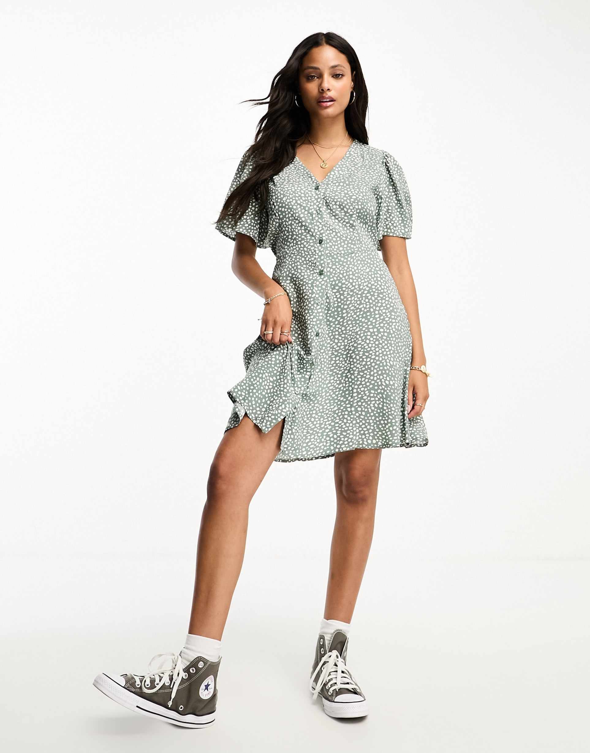 vero moda button through mini skater dress in green spot   .
