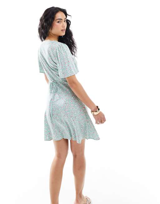 Vero Moda button through mini skater dress in mint green floral ASOS