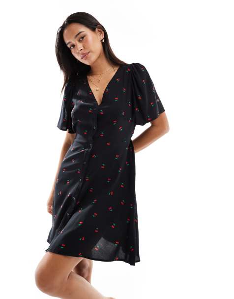 Vero Moda button through mini skater dress with cherry print in black - view 1