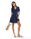 [Vero Moda] Vero Moda button through mini skater dress with lemon print in navy XS Navy AOP Lemons