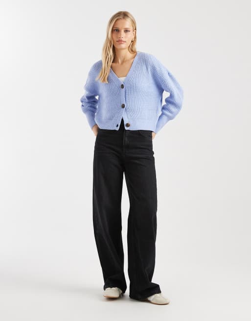 Vero Moda button up chunky rib knit cardigan in brunnera blue, 3 of 4