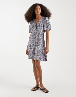 Vero Moda Button Up Mini Skater Dress In Blue