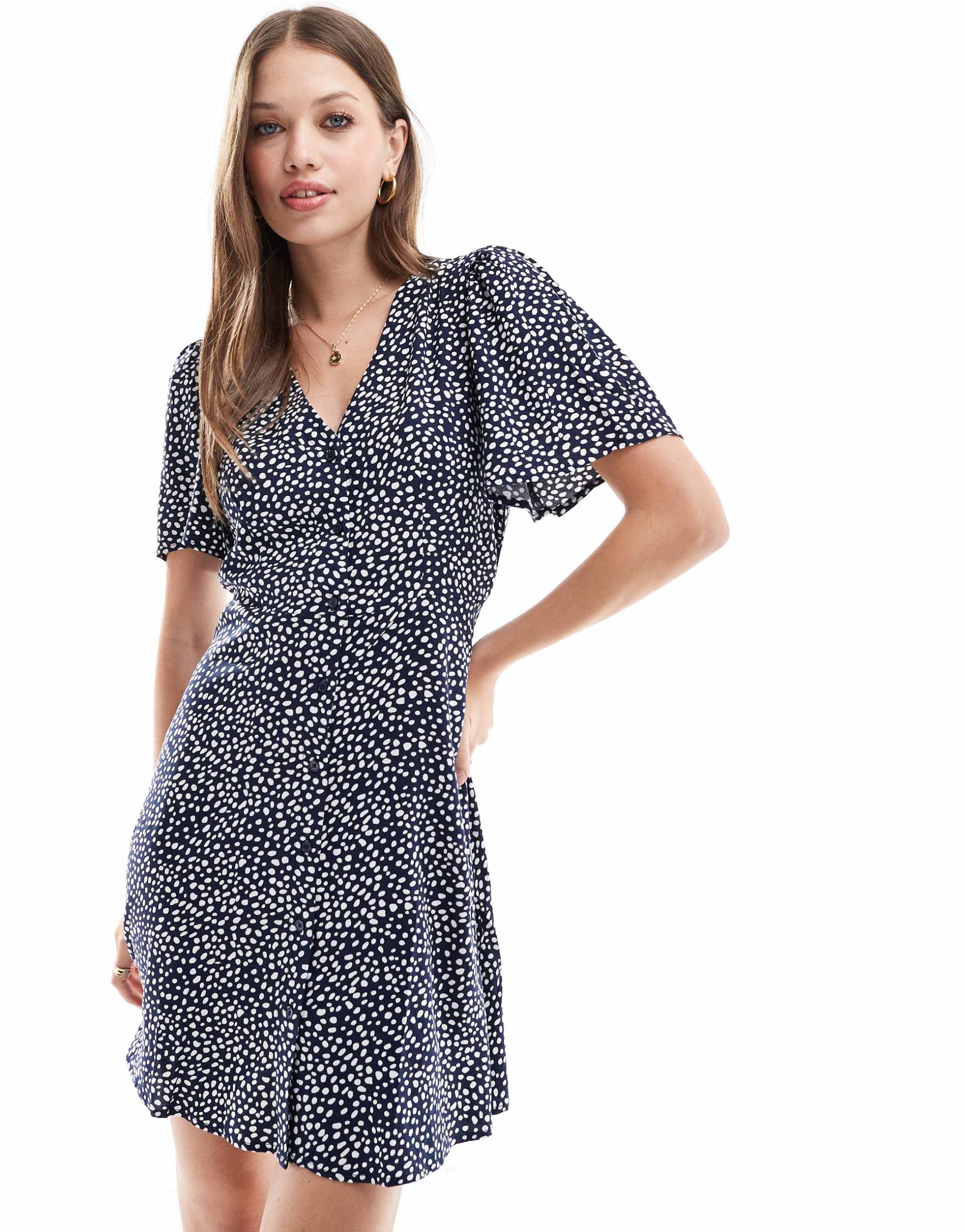 vero moda button up mini skater dress in navy spot print