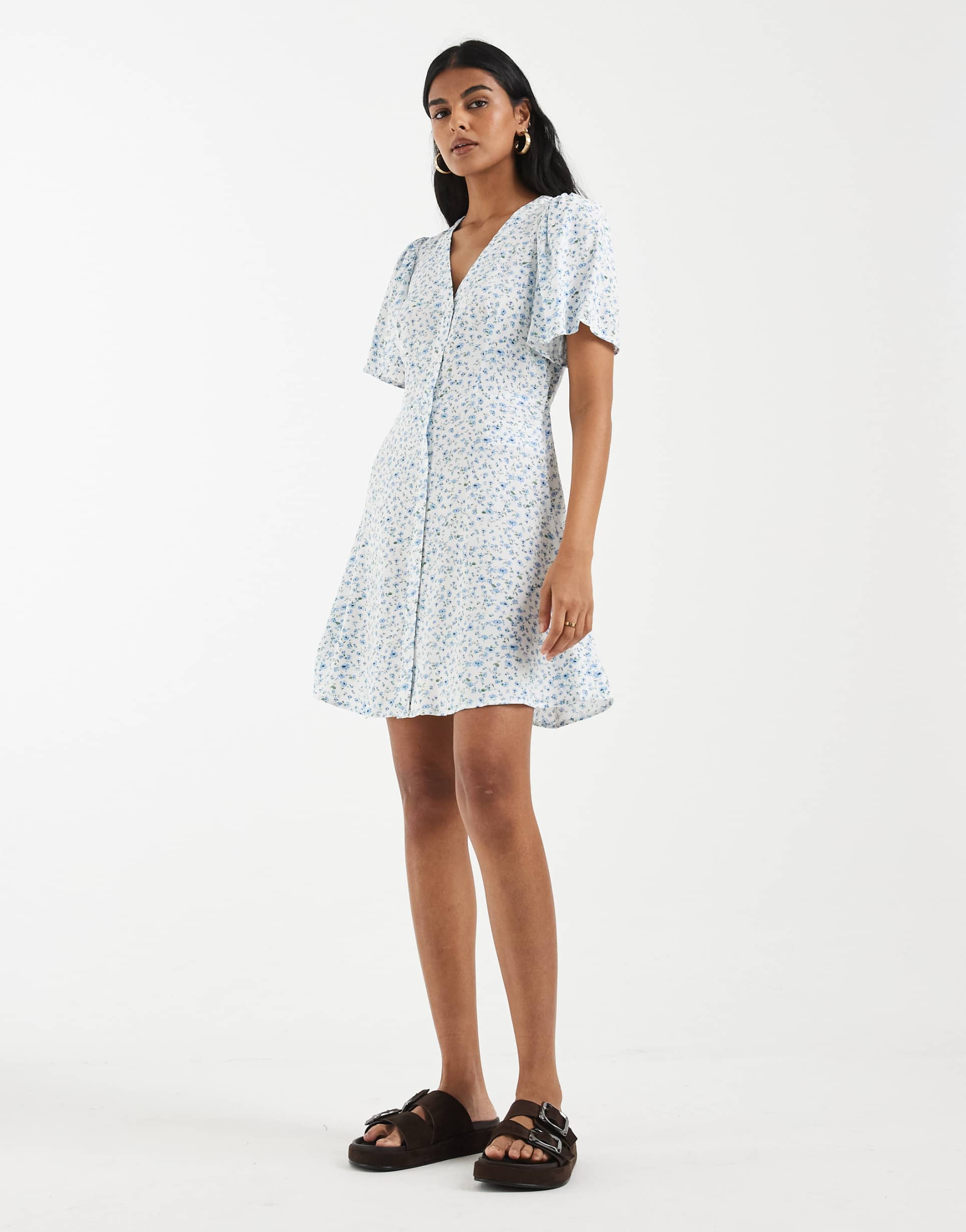 vero moda button up mini skater dress in white based delicate blue floral