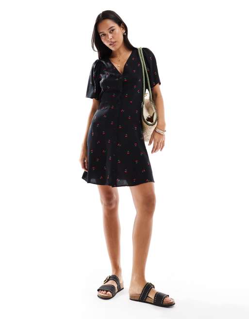 Vero Moda button up mini skater dress with cherry print in black, 2 of 4