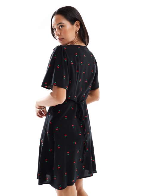 Vero Moda button up mini skater dress with cherry print in black, 3 of 4