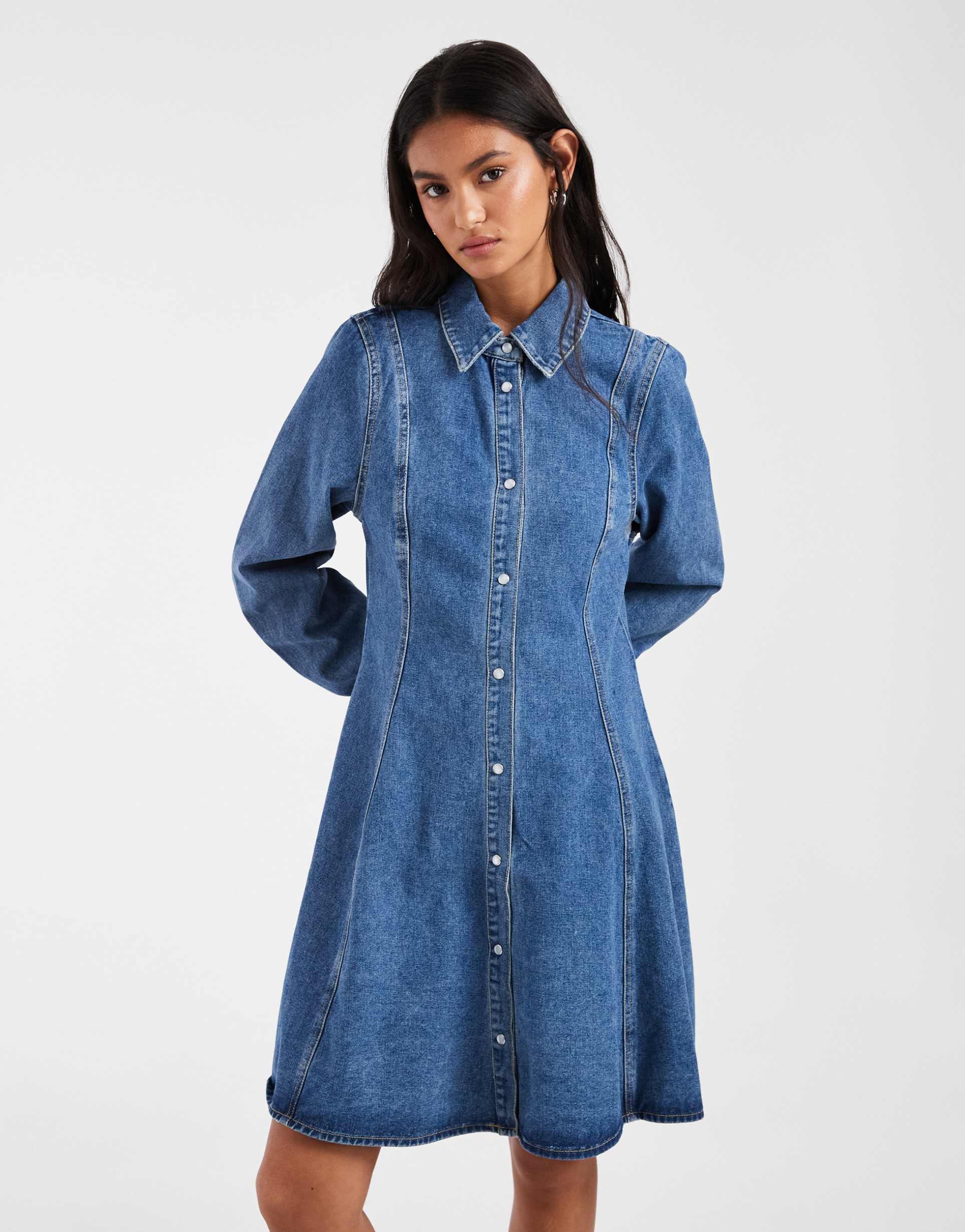 vero moda button up seam detail denim mini dress in medium blue denim
